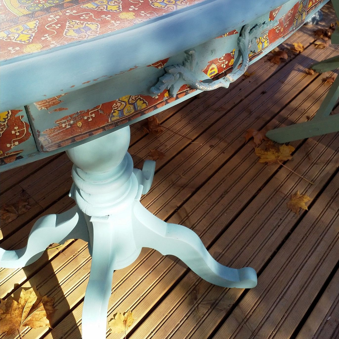 Turkoosi maalattu vanha pöytä siirtokuvat pappilan Sunday shop verkkokaupasta, maalit Frenchic Anquilla.