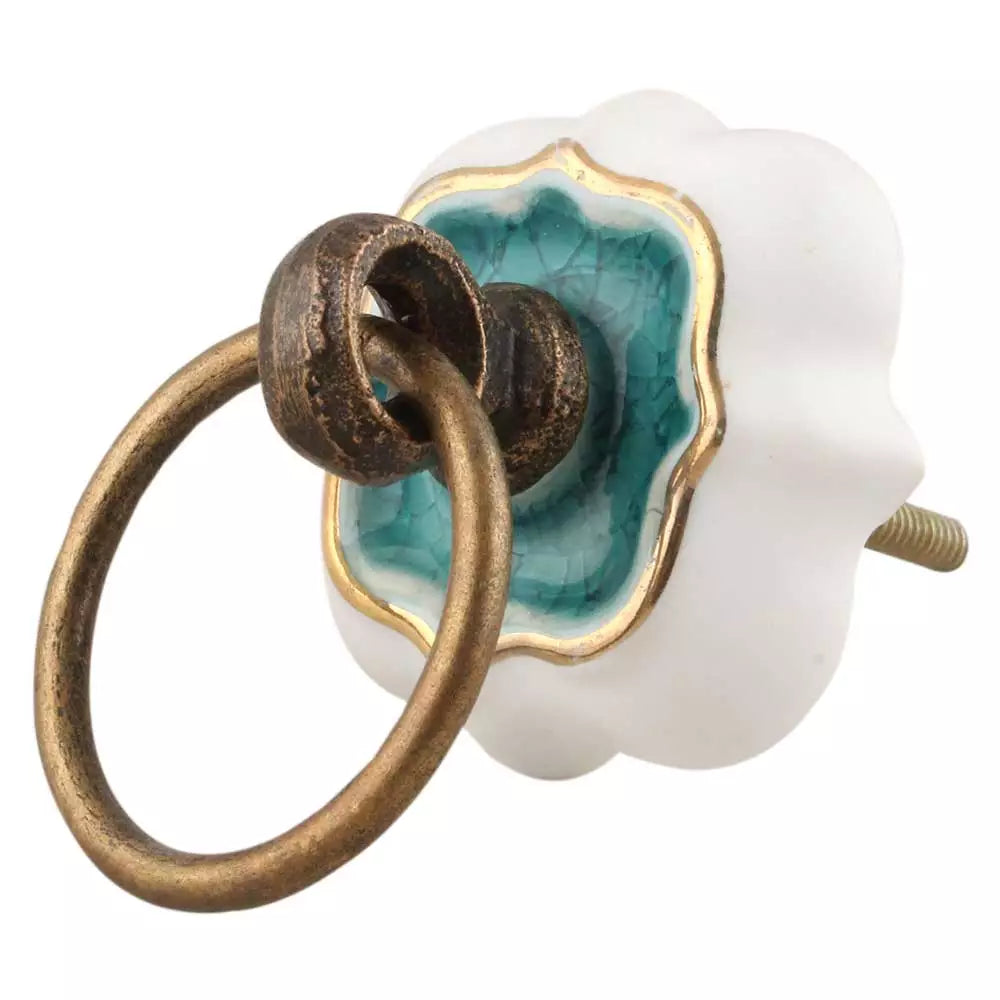 Ceramic square knob - white-gold with pull ring
