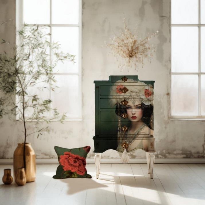 Lady valkoiset kukat hiuksissa art deco decoupage Frenchic. 