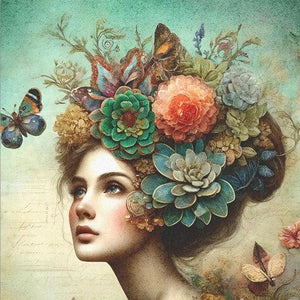 Tyttö ja perhoset hiuksissa - yksittäiset decoupage taidearkit - degoupage - Frenchic Paint Finland
