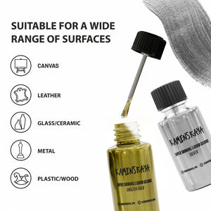Liquid Leaf Paint on kuin lehtikulta tai lehtihopea nestemäisessä muodossa. Et tarvitse erillistä liimaa, liiman kuivumisen odottelua tai ohuiden metalliarkkien kiinnittämistä. Saat kauniin metallinhohtoisen pinnan ilman lehtimetallin käsittelyssä syntyvää pölyä ja aikaa vieviä työvaiheita.