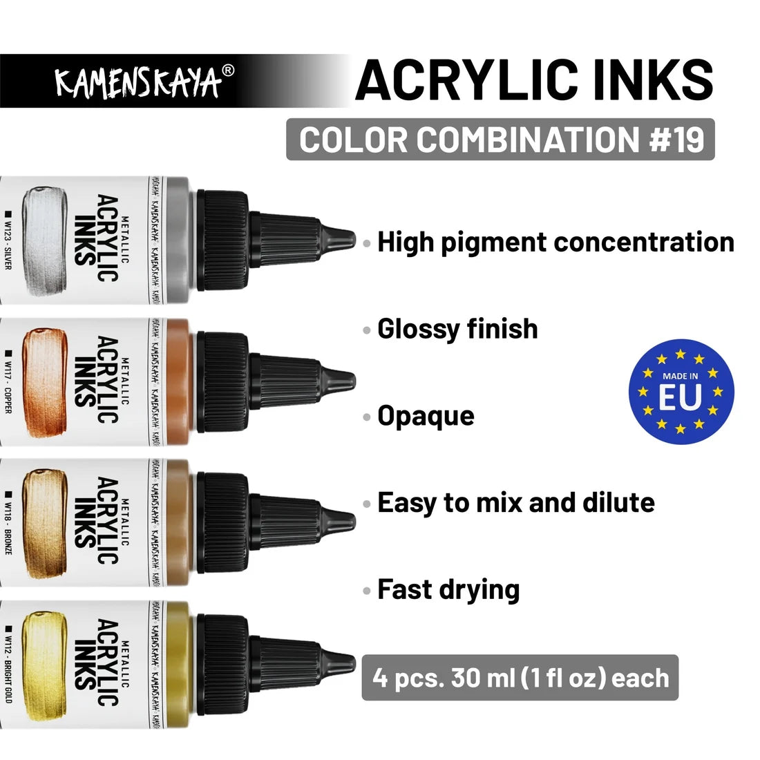 METALLICS akryylimustepakkaus I 4 X 30ml I Kamenskaya-Frenchic Paint Finland