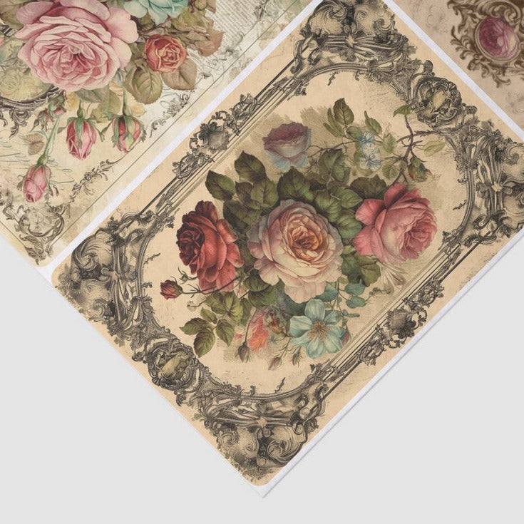 4 x Ruusut ja kehykset - yksittäiset decoupage taidearkit