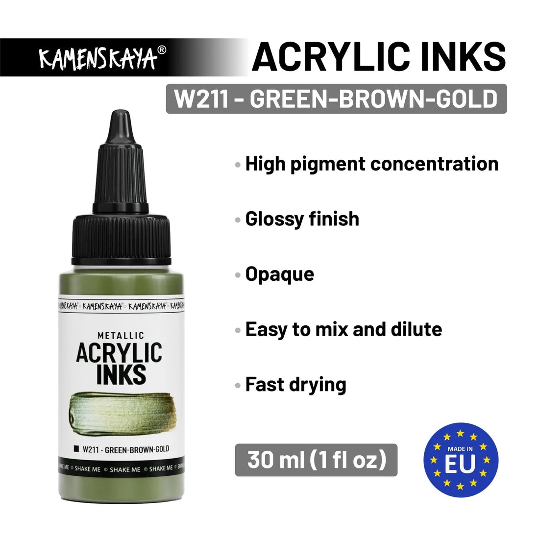 VIHREÄ-KULTA akryylimuste 30ml  on runsaspigmenttinen nestemäinen akryylimaali.