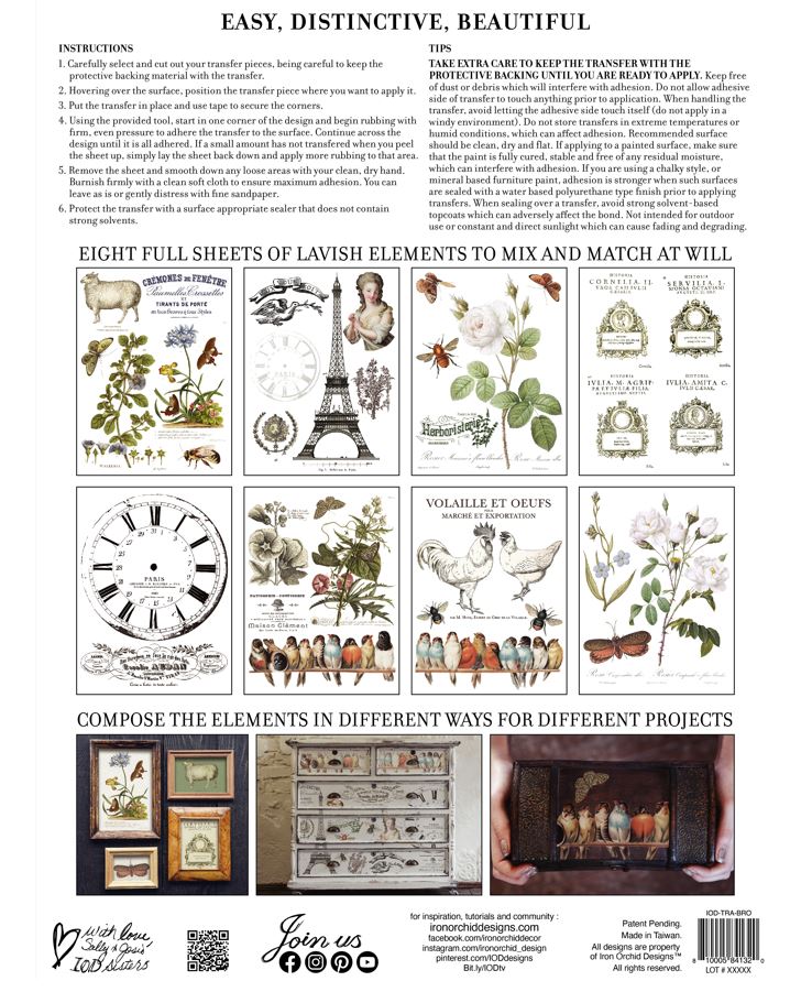 Ranskalaista maalaistyyliä -siirtokuva sisältää kahdeksan arkkia kauniita kuvia kalusteiden viimeistelyyn. Ihanan helpot ja näyttävät siirtokuvat - et tarvitse liimaa tai lakkoja kiinnitykseen!